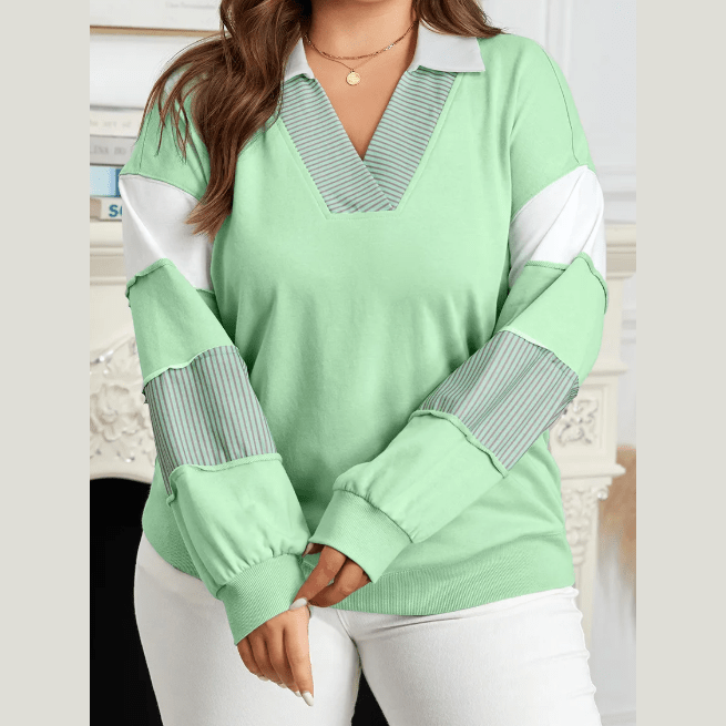Montae Color Block Striped Patchwork Collar V Neck Plus Size Sweatshirt