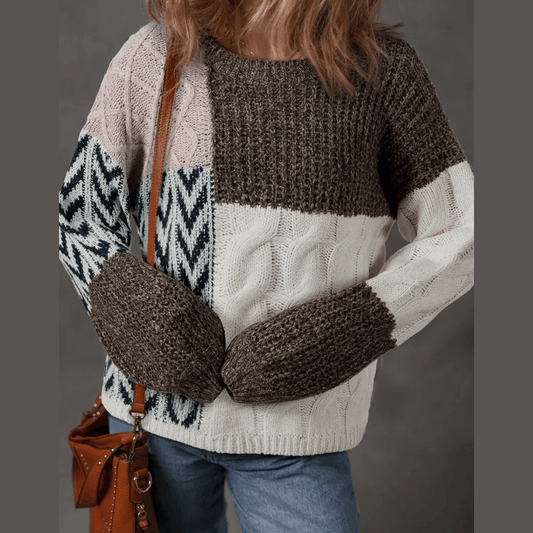 Erica Brown Color Block Patchwork Knotted Back Loose Fit Sweater