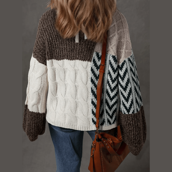 Erica Brown Color Block Patchwork Knotted Back Loose Fit Sweater