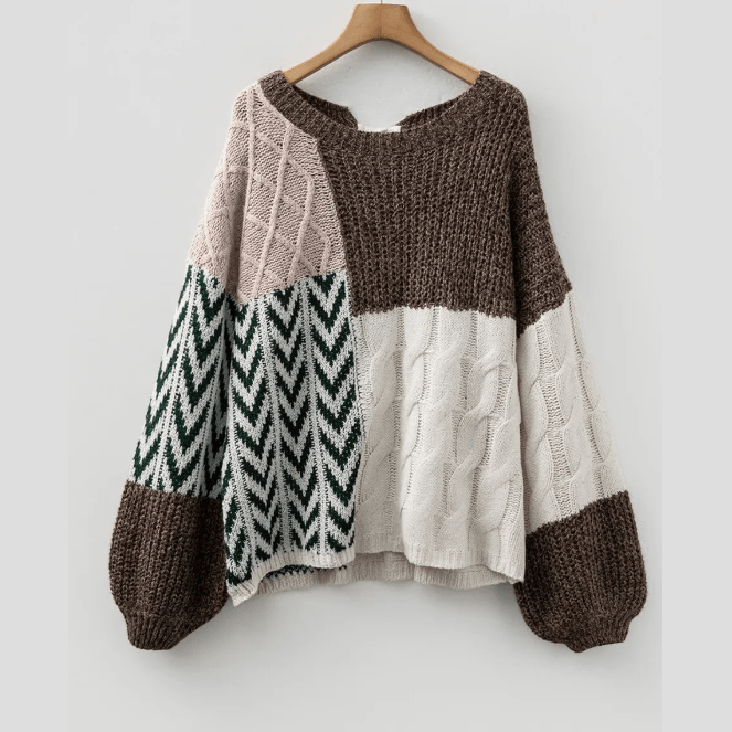Erica Brown Color Block Patchwork Knotted Back Loose Fit Sweater