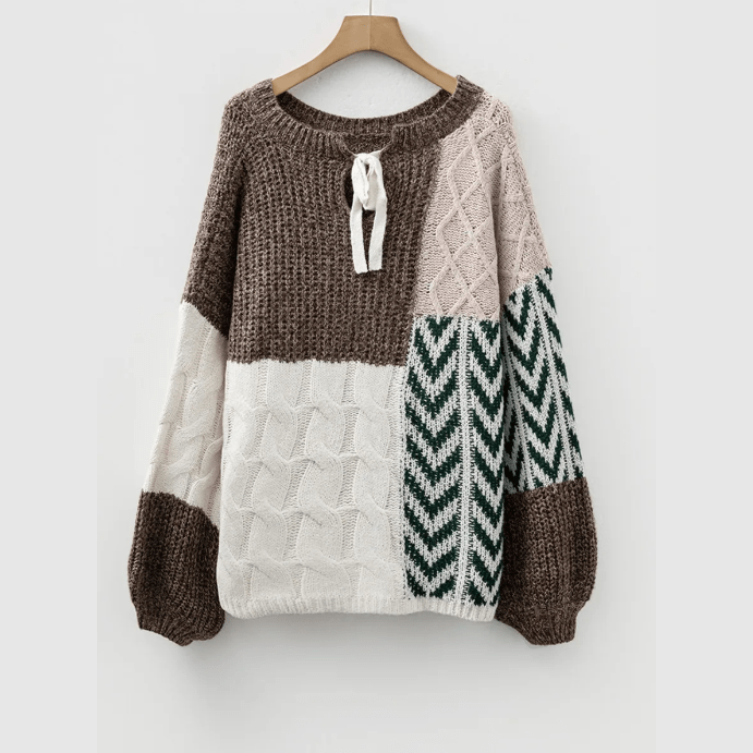Erica Brown Color Block Patchwork Knotted Back Loose Fit Sweater