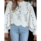 Chara White Floral Embroidered Scallop Hem Cropped Sweater