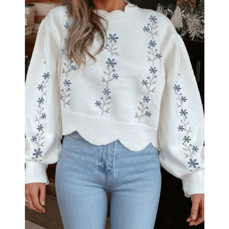 Chara White Floral Embroidered Scallop Hem Cropped Sweater