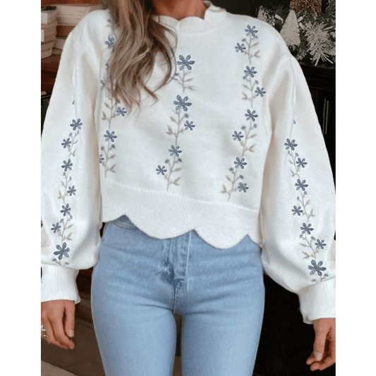 Chara White Floral Embroidered Scallop Hem Cropped Sweater