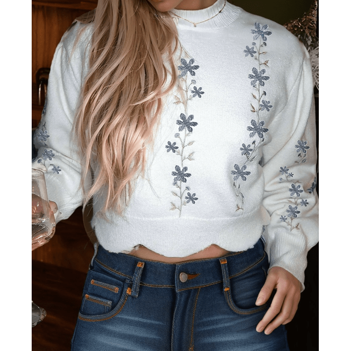 Chara White Floral Embroidered Scallop Hem Cropped Sweater