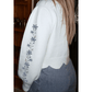 Chara White Floral Embroidered Scallop Hem Cropped Sweater