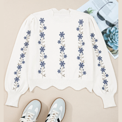 Chara White Floral Embroidered Scallop Hem Cropped Sweater