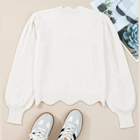 Chara White Floral Embroidered Scallop Hem Cropped Sweater