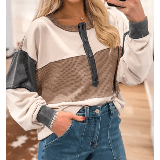 Malery Color Block Waffled Patchwork Loose Henley Top