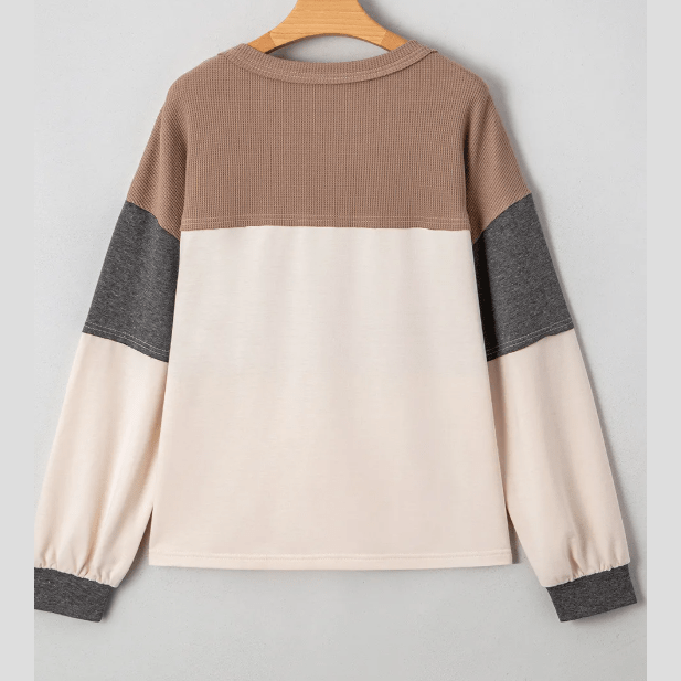 Malery Color Block Waffled Patchwork Loose Henley Top
