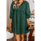 Vallisa Green Embroidered Eyelet Pattern 3/4 Puffy Sleeve Swing Mini Dress