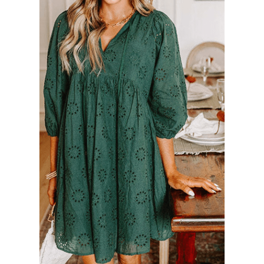 Vallisa Green Embroidered Eyelet Pattern 3/4 Puffy Sleeve Swing Mini Dress
