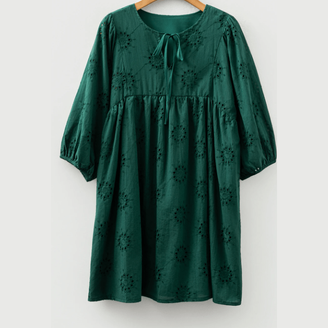 Vallisa Green Embroidered Eyelet Pattern 3/4 Puffy Sleeve Swing Mini Dress