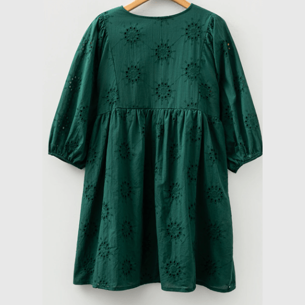 Vallisa Green Embroidered Eyelet Pattern 3/4 Puffy Sleeve Swing Mini Dress