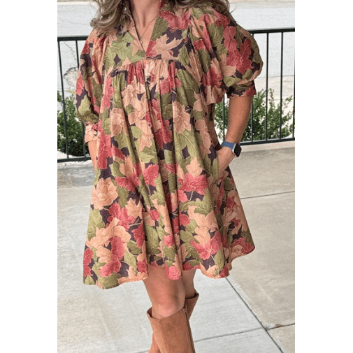RTS Green Floral Print Frilled Collar V Neck Half Sleeve Mini Dress
