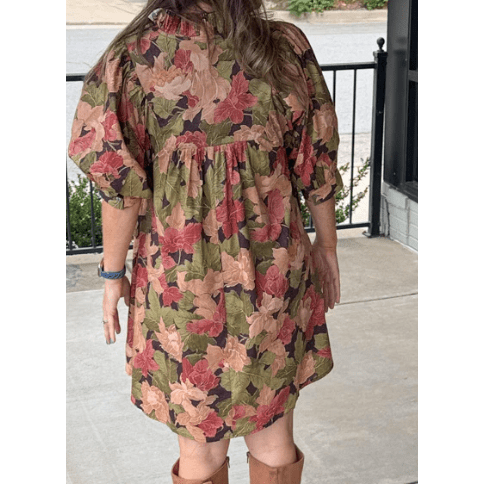 RTS Green Floral Print Frilled Collar V Neck Half Sleeve Mini Dress