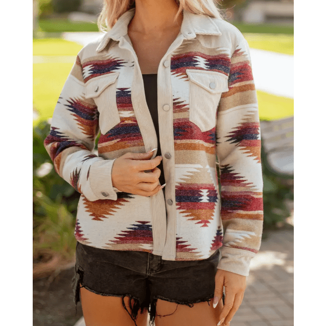 Brittany Multicolor Western Aztec Ribbed Patchwork Double Flap Pocket Raw Hem Shacket