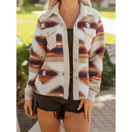 Brittany Multicolor Western Aztec Ribbed Patchwork Double Flap Pocket Raw Hem Shacket