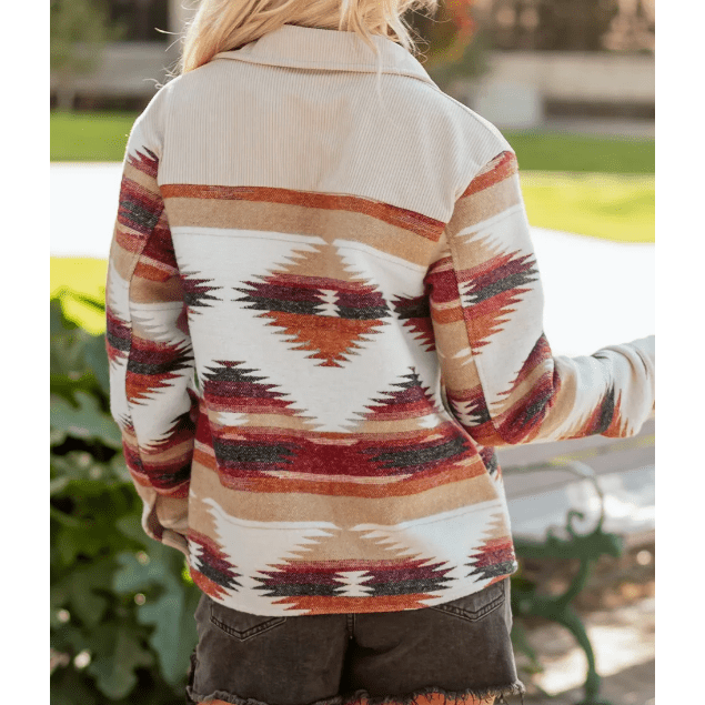 Brittany Multicolor Western Aztec Ribbed Patchwork Double Flap Pocket Raw Hem Shacket