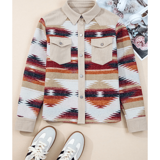 Brittany Multicolor Western Aztec Ribbed Patchwork Double Flap Pocket Raw Hem Shacket