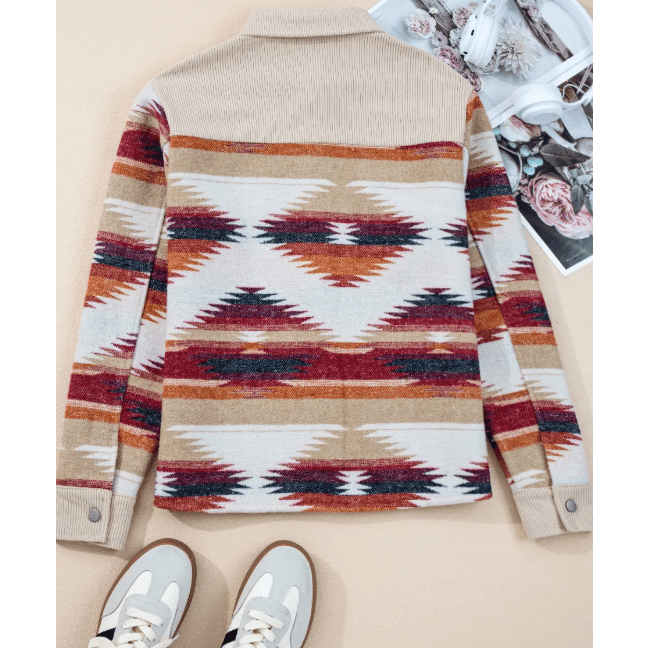 Brittany Multicolor Western Aztec Ribbed Patchwork Double Flap Pocket Raw Hem Shacket