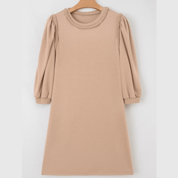 Jaquelle Light French Beige Braided Trim Puff Sleeve Dress
