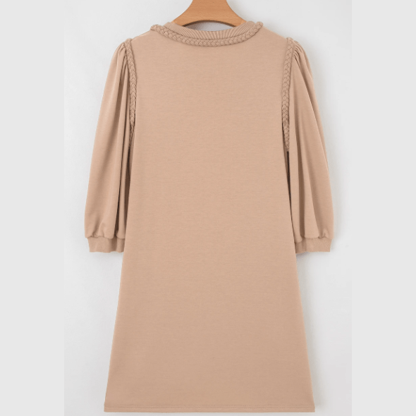 Jaquelle Light French Beige Braided Trim Puff Sleeve Dress