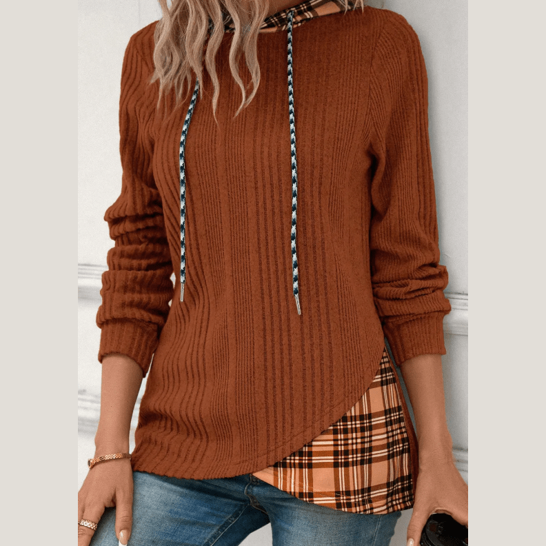 Galinda Chestnut Plaid Patchwork Ribbed Knit Drawstring Hooded Top