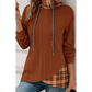 Galinda Chestnut Plaid Patchwork Ribbed Knit Drawstring Hooded Top