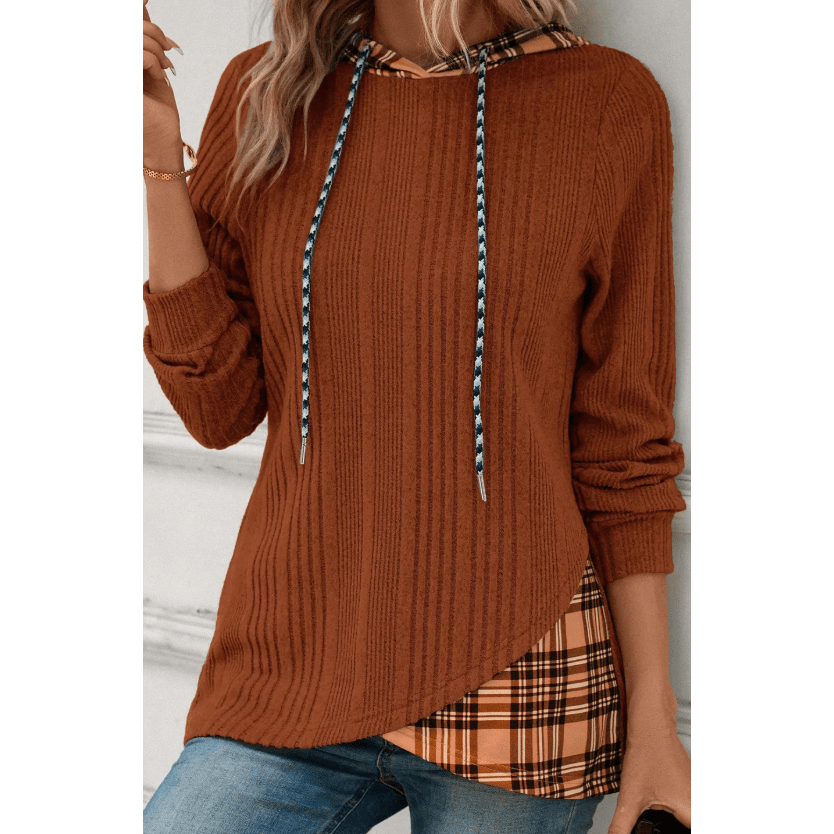 Galinda Chestnut Plaid Patchwork Ribbed Knit Drawstring Hooded Top