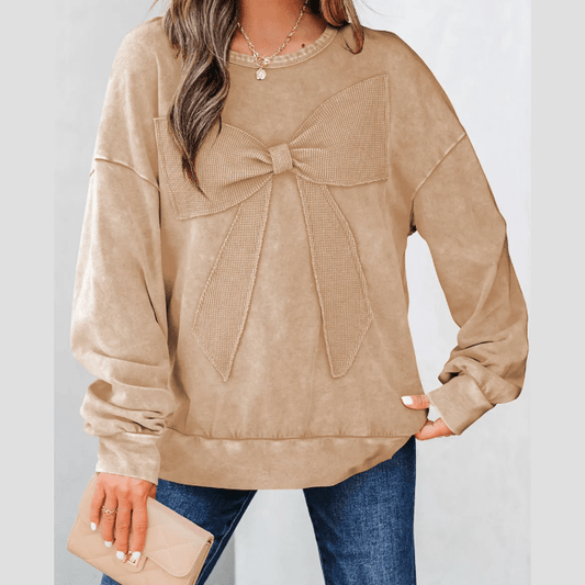 Sachi Light French Beige Mineral Wash Big Bow Patchwork Pullover Sweatshirt