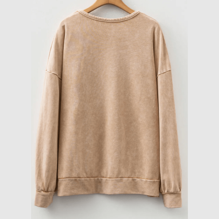 Sachi Light French Beige Mineral Wash Big Bow Patchwork Pullover Sweatshirt