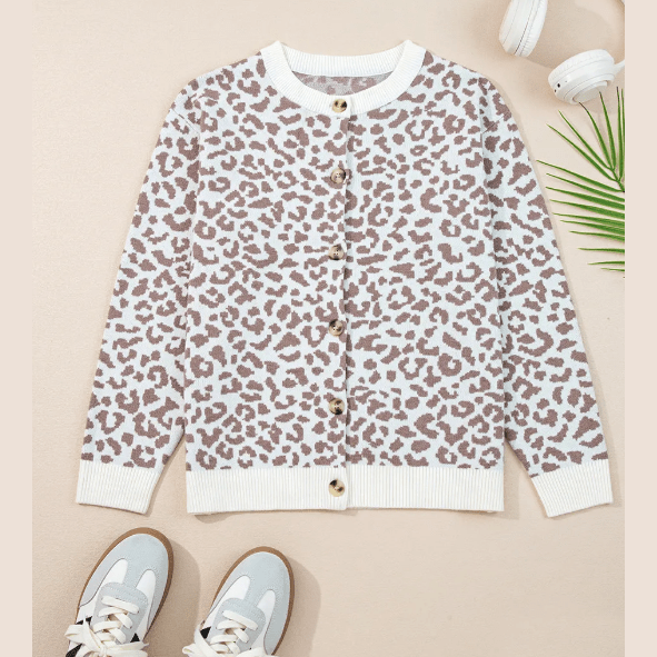 Mimi Khaki Leopard Drop Shoulder Chunky Knitted Cardigan Sweater