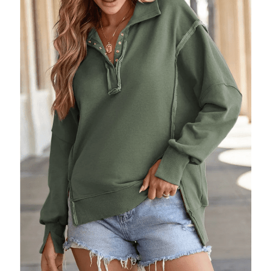 Aria Moss Green Buttoned Collared Raw Detail High Low Baggy Sweatshirt with Slits