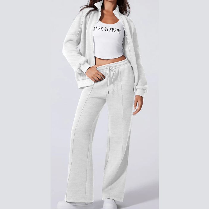 Bellah Grey Drop Shoulder Zip Up Jacket Drawstring Pants Active 2pcs Set