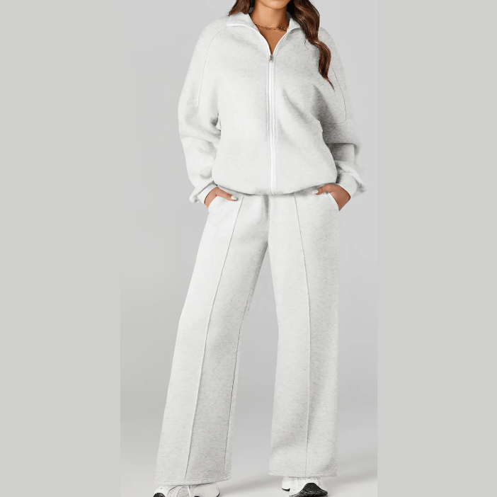 Bellah Grey Drop Shoulder Zip Up Jacket Drawstring Pants Active 2pcs Set