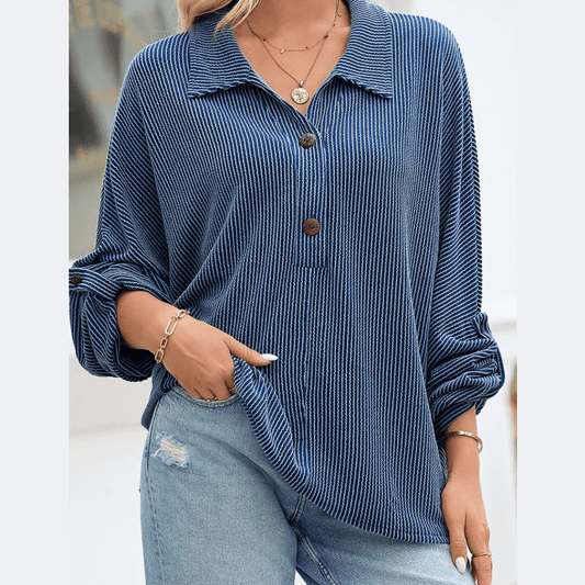 Celina Blue Oversized Twist Ribbed Collared Henley Top with Roll up Sleeve