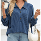 Celina Blue Oversized Twist Ribbed Collared Henley Top with Roll up Sleeve