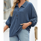 Celina Blue Oversized Twist Ribbed Collared Henley Top with Roll up Sleeve