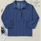 Celina Blue Oversized Twist Ribbed Collared Henley Top with Roll up Sleeve
