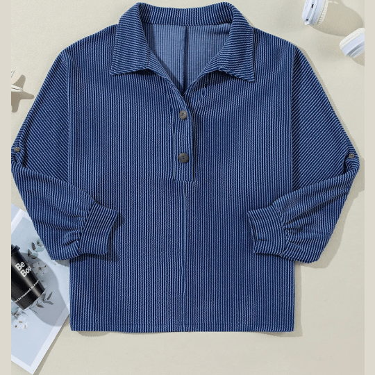 Celina Blue Oversized Twist Ribbed Collared Henley Top with Roll up Sleeve