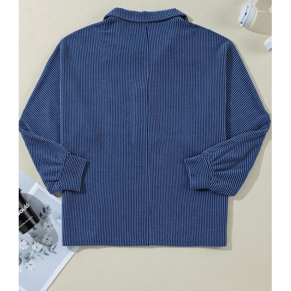 Celina Blue Oversized Twist Ribbed Collared Henley Top with Roll up Sleeve