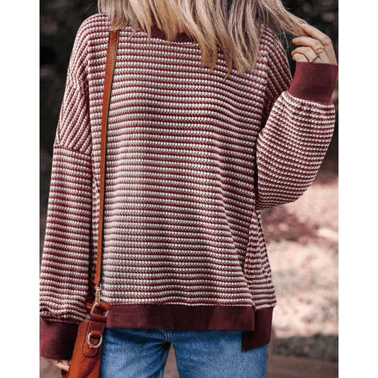 Dayna Red Stripe Ribbed Trim Drop Shoulder Long Sleeve Oversize Top