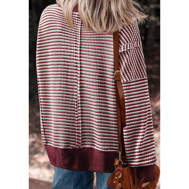Dayna Red Stripe Ribbed Trim Drop Shoulder Long Sleeve Oversize Top