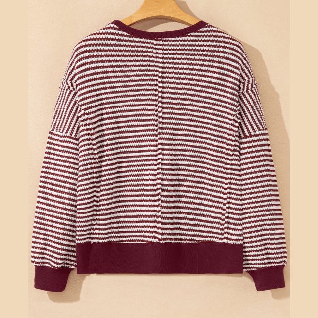 Dayna Red Stripe Ribbed Trim Drop Shoulder Long Sleeve Oversize Top
