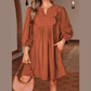 Letty Cinnamon Bracelet Sleeve Split Neck Scallop Detail Pleated Corduroy Mini Dress
