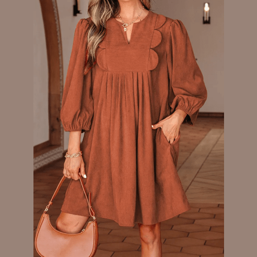 Letty Cinnamon Bracelet Sleeve Split Neck Scallop Detail Pleated Corduroy Mini Dress