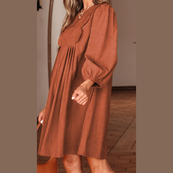 Letty Cinnamon Bracelet Sleeve Split Neck Scallop Detail Pleated Corduroy Mini Dress