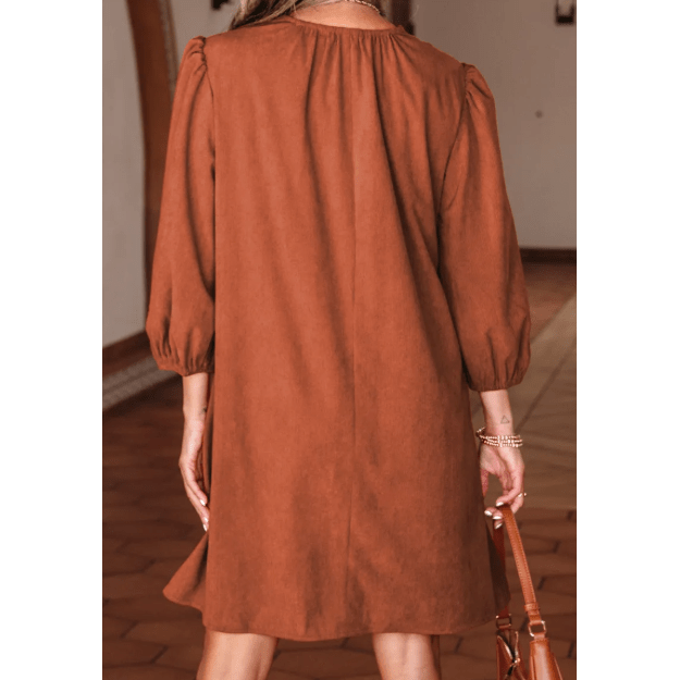 Letty Cinnamon Bracelet Sleeve Split Neck Scallop Detail Pleated Corduroy Mini Dress