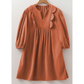 Letty Cinnamon Bracelet Sleeve Split Neck Scallop Detail Pleated Corduroy Mini Dress